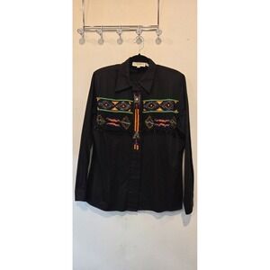 Cedars 100% Cotton Black Beaded Square Dance Western Button Down Shirt